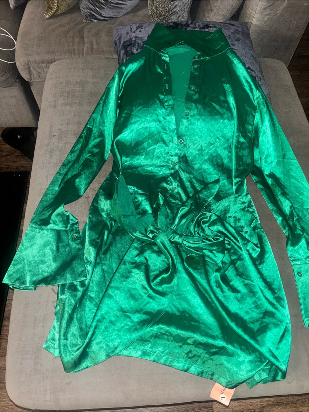 Emerald Green Satin Button-Up Tie-Waist Jacket